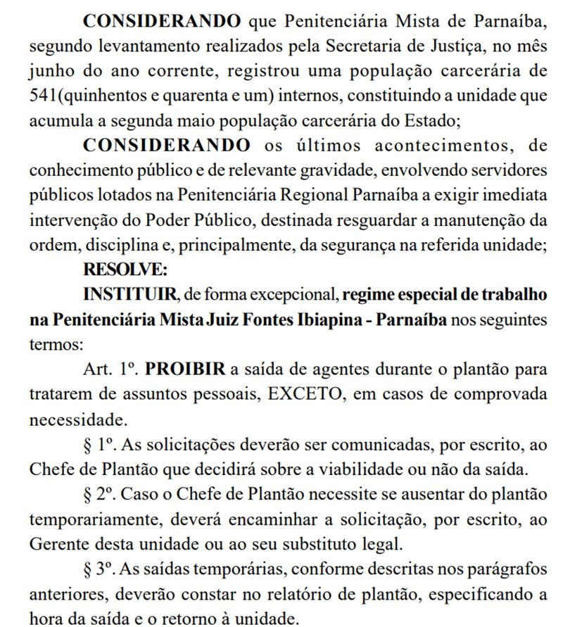 Portaria de instalação de regime especial de trabalho na Penitenciária Regional de Parnaíba