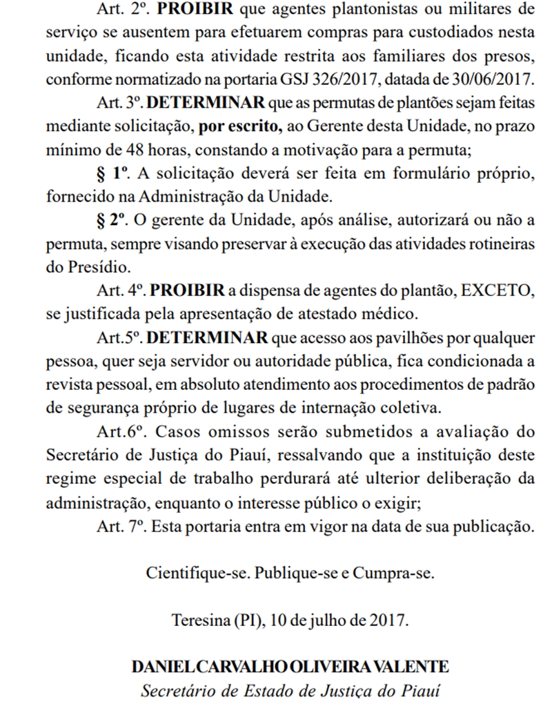 Portaria de instalação de regime especial de trabalho na Penitenciária Regional de Parnaíba