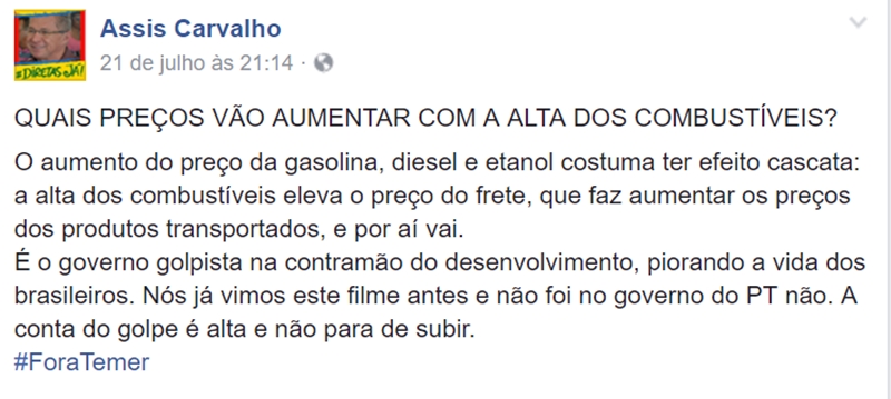 Assis Carvalho critica o aumento de preço da gasolina
