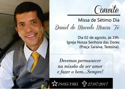 Convite para missa de Daniel Moura Fé