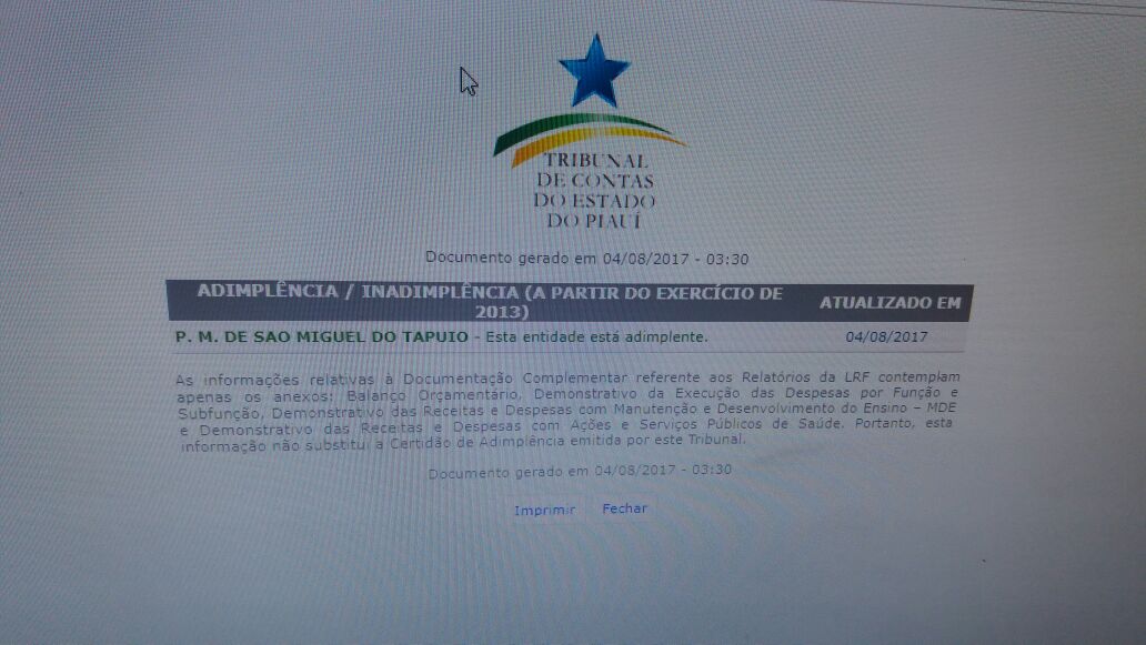 Prefeitura de São Miguel do Tapuio não está inadimplente