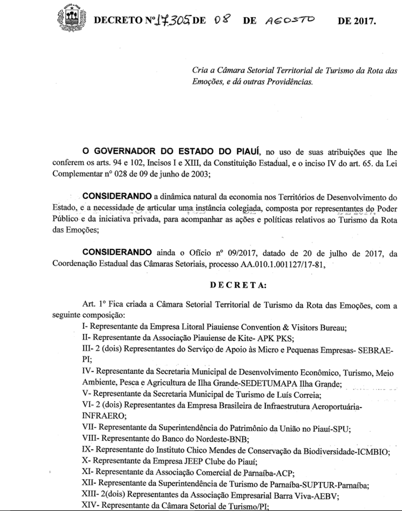 Decreto cria Câmara Setorial Territorial de Turismo da Rota das Emoções 