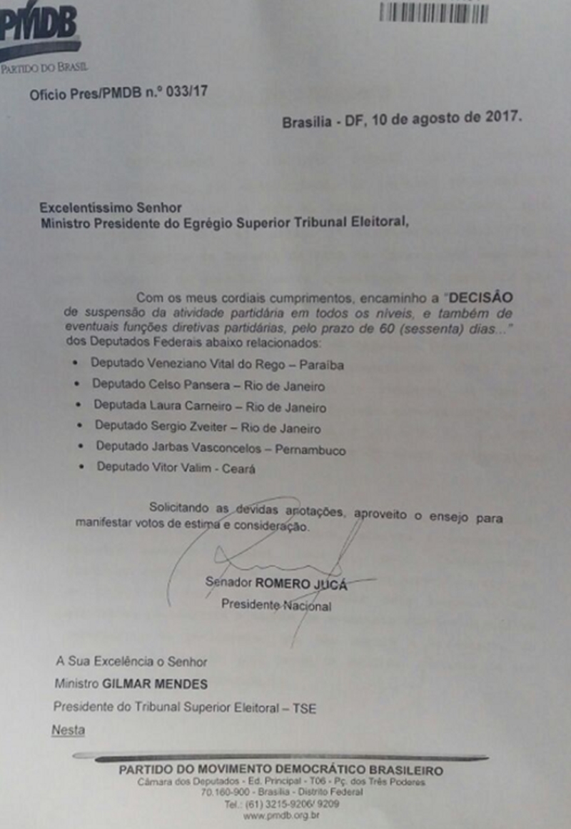 PMDB suspende deputados que votaram contra Michel Temer