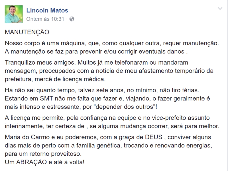 Prefeito Lincoln Matos vai se afastar da prefeitura por 30 dias