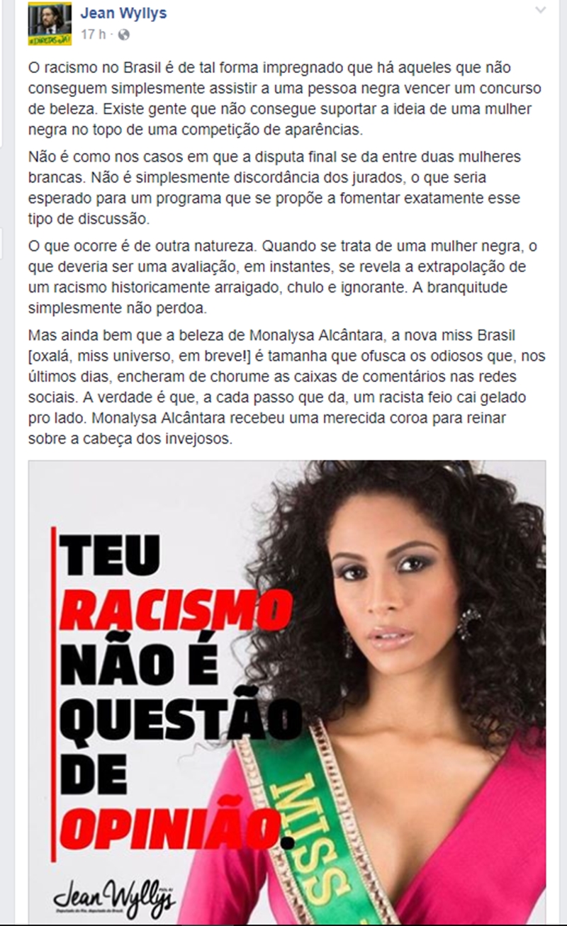 Deputado Jean Wyllys defende Miss Piauí Monalysa Alcântara