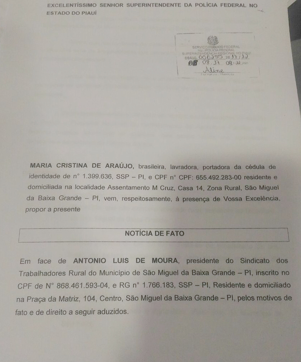 Denúncia protocolada na Polícia Federal
