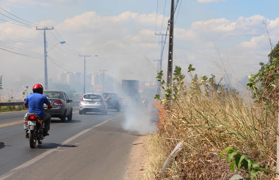 Um incêndio invadiu o acostamento do trecho urbano da BR-343