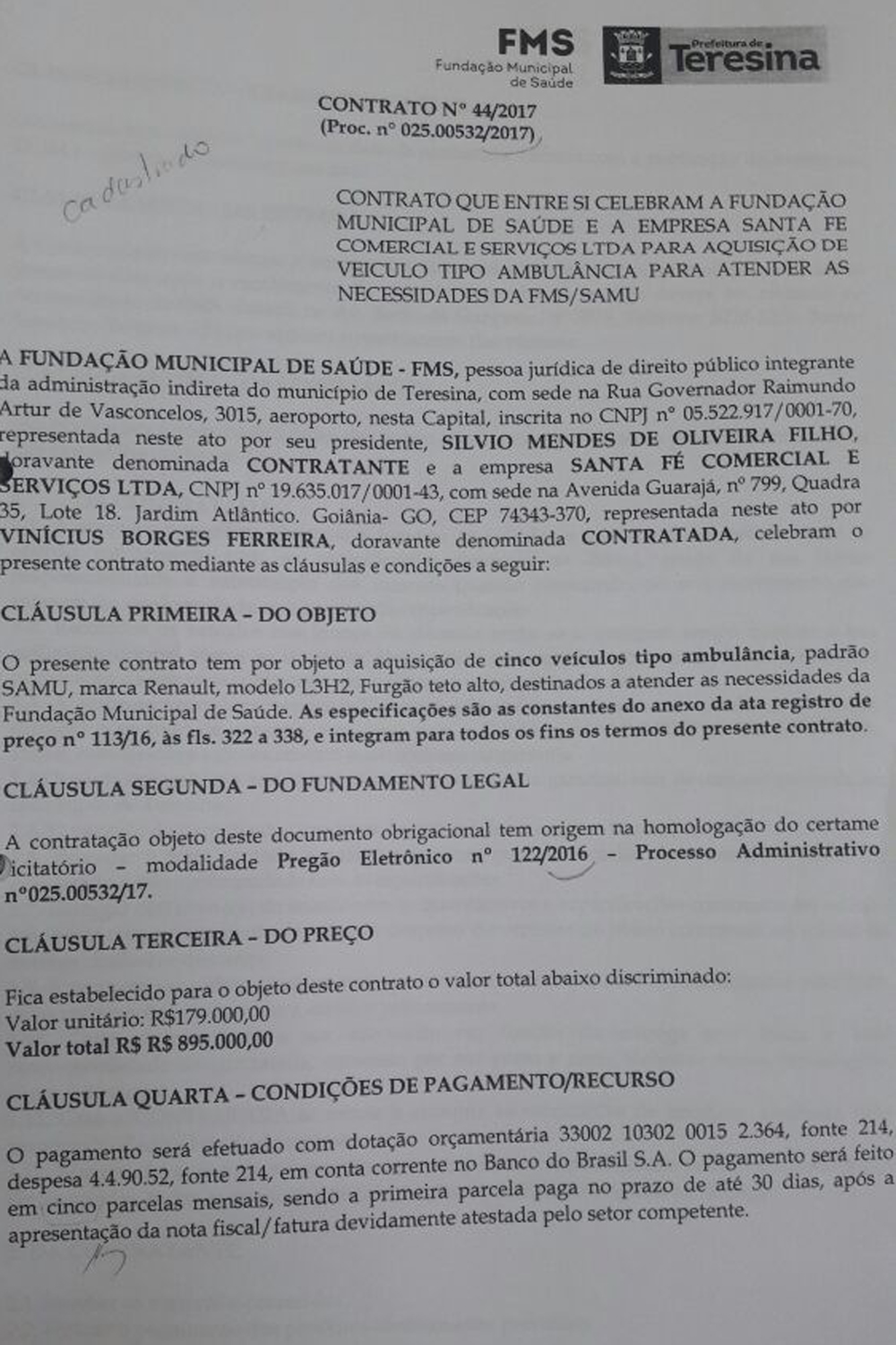 Contrato firmado entre a FMS para aquisição de ambulâncias