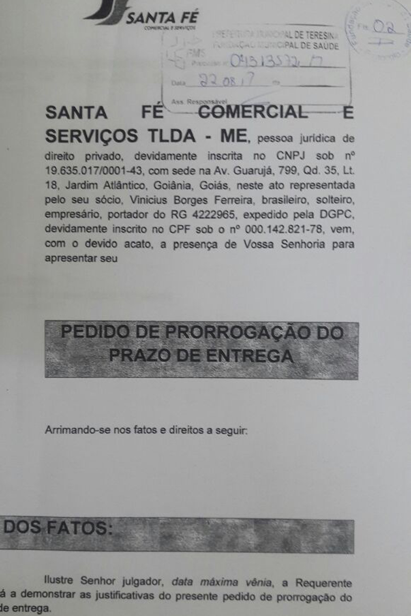 Pedido de prorrogação de entrega