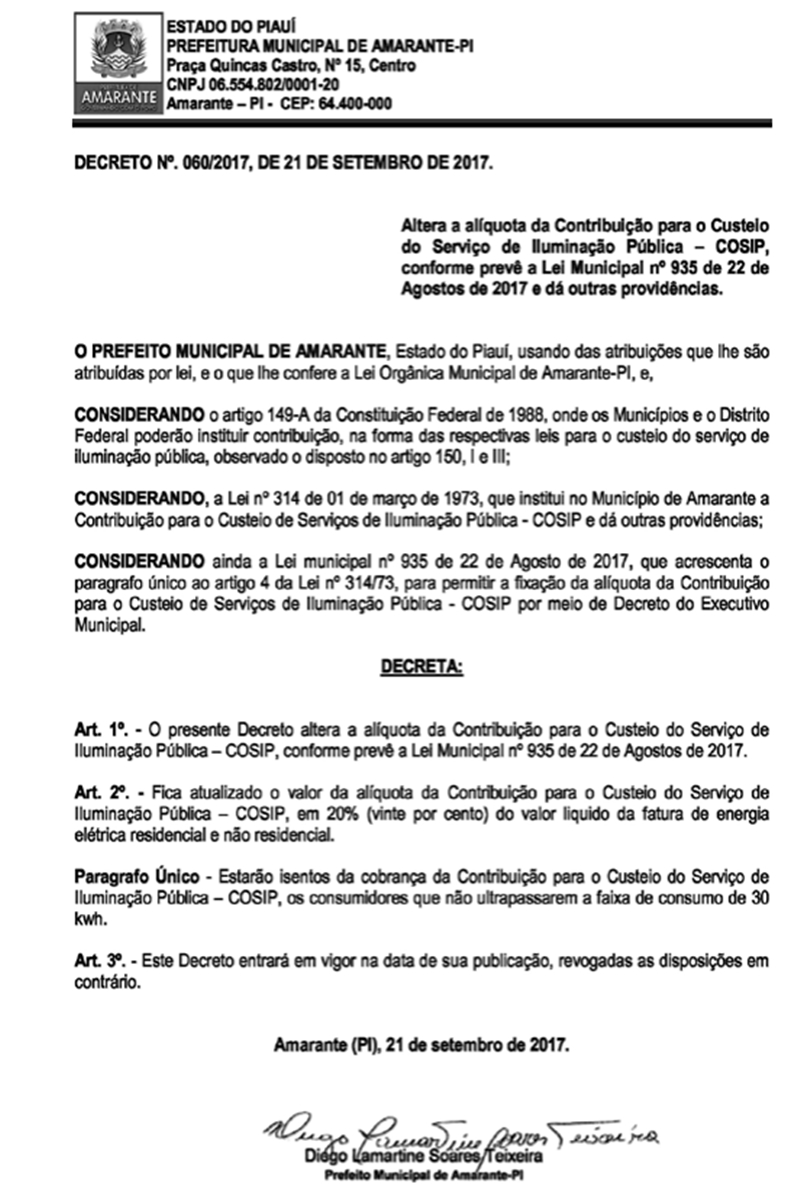 Prefeito Diego Teixeira aumenta cobrança da COSIP