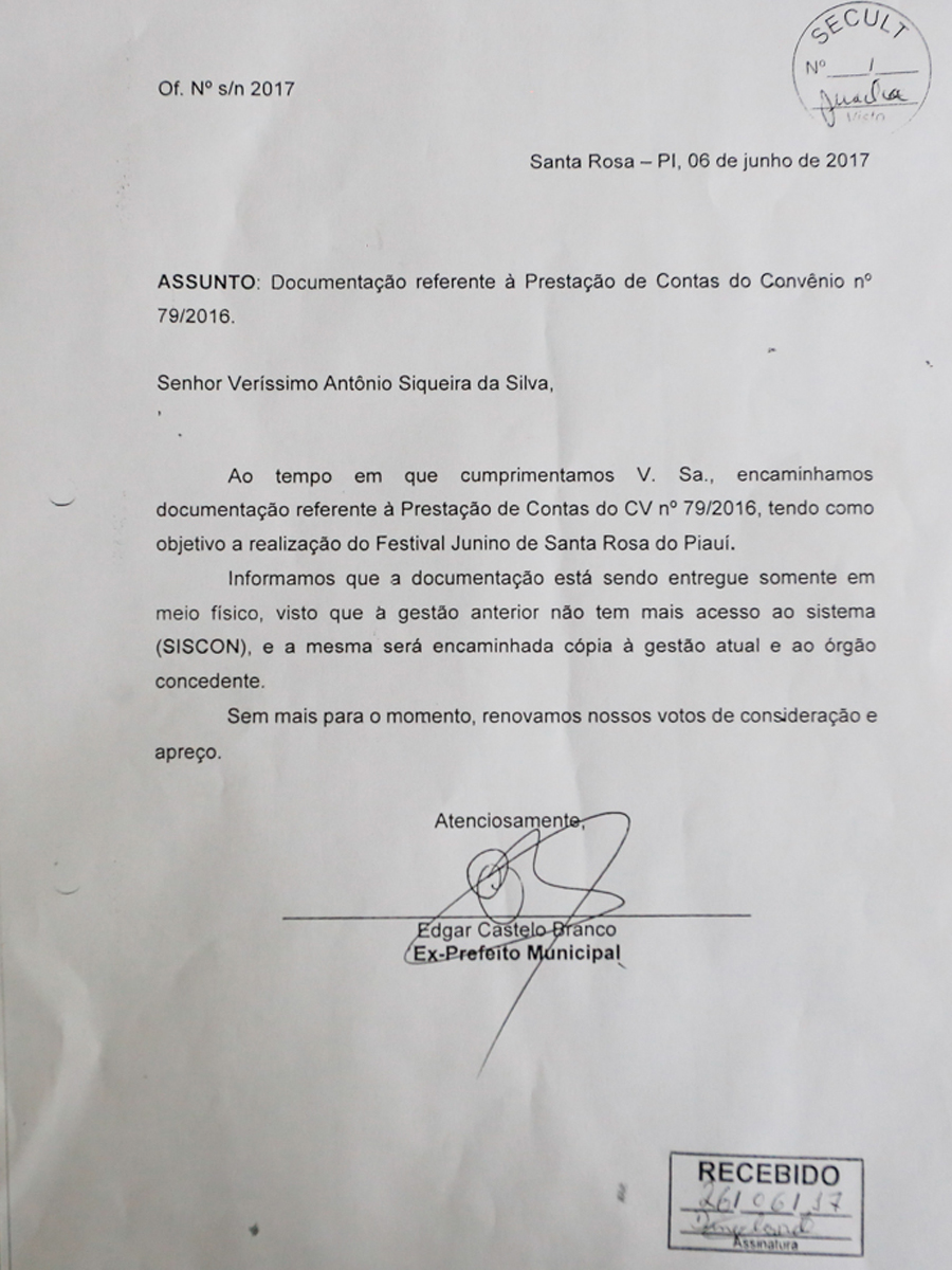 Documento que mostra carimbo de recebido pela prefeitura de Santa Rosa do Piauí