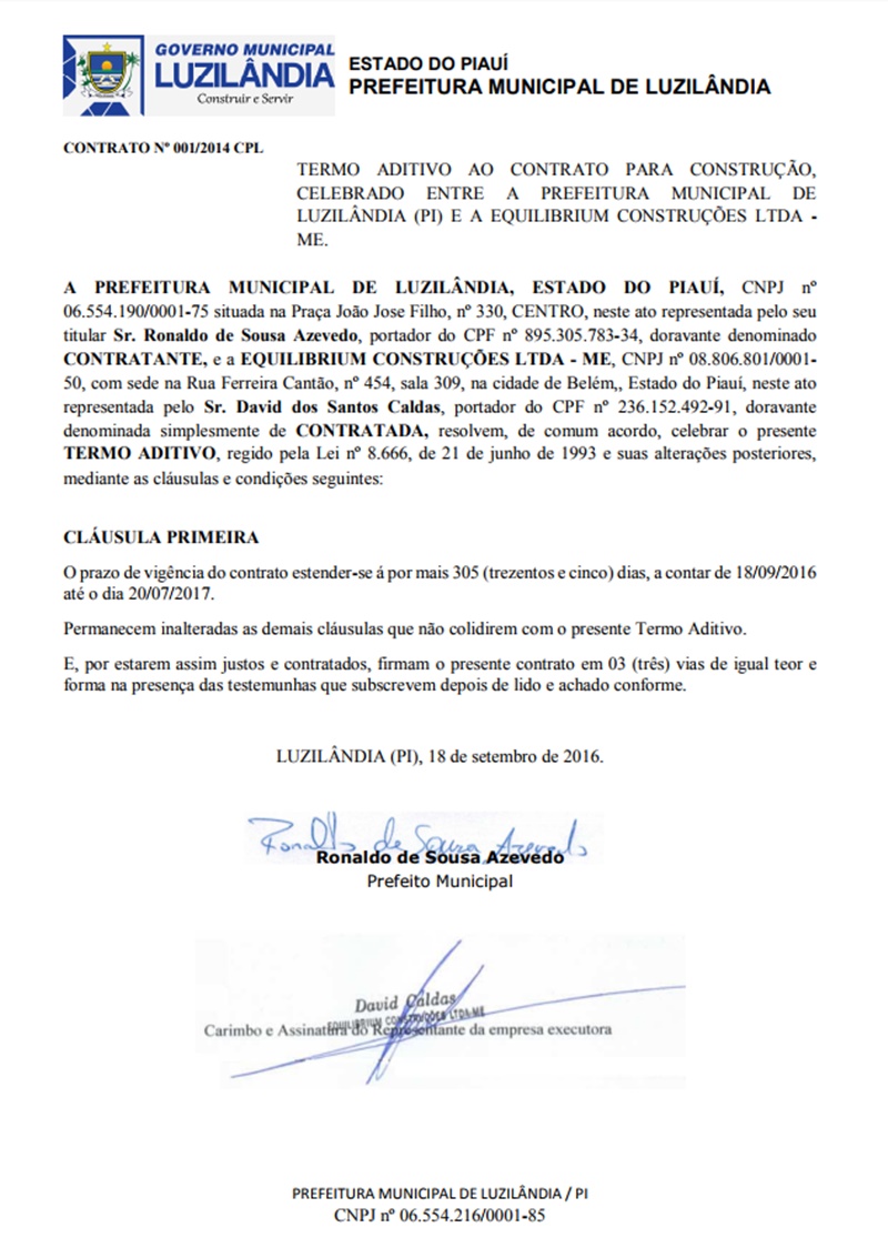 Aditivo de contrato de R$ 3,5 milhões com construtora Equilibrium Construções