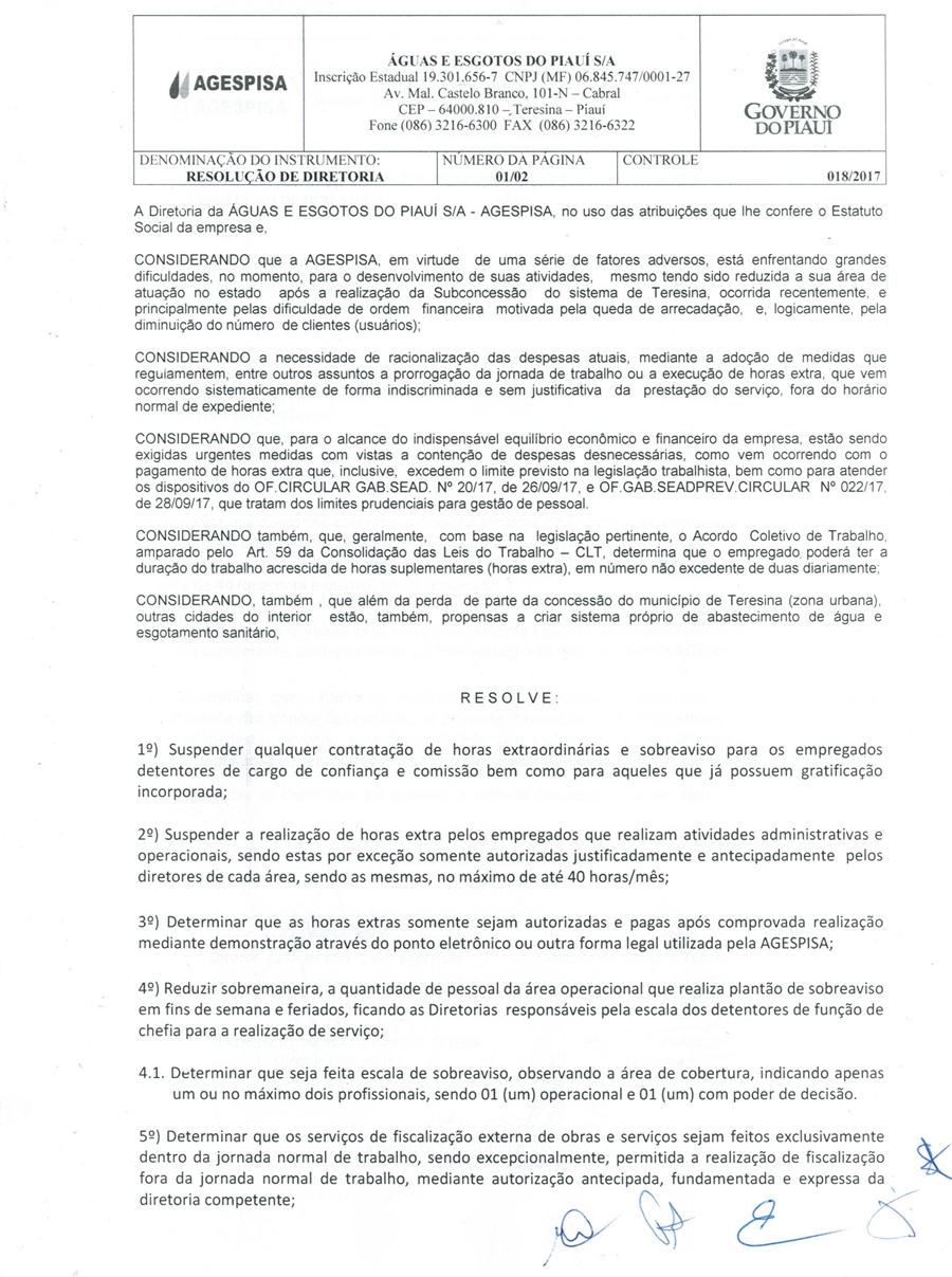 Agespisa emite resolução que proíbe adiantamentos e horas extras