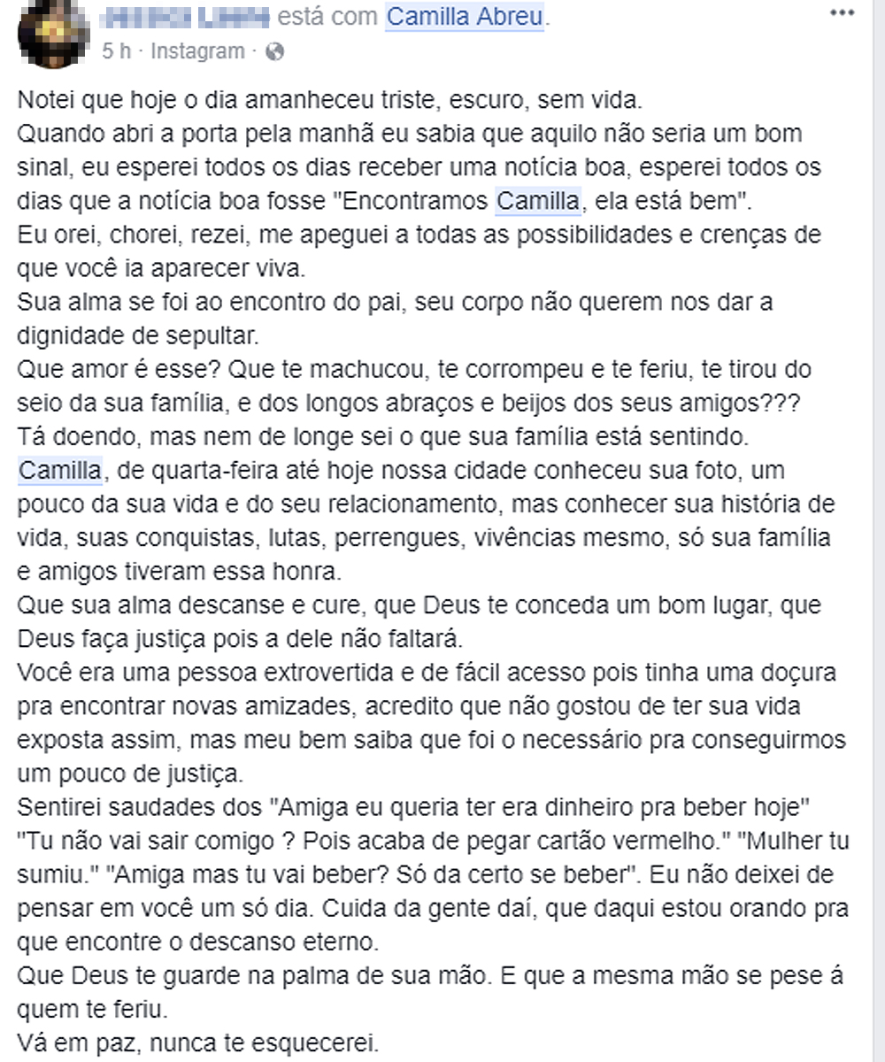 Amiga fala sobre morte de Camilla Abreu
