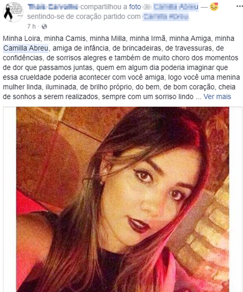 Amiga lamenta morte de Camilla Abreu