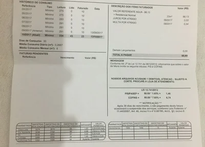Conta de água do mês de outubro