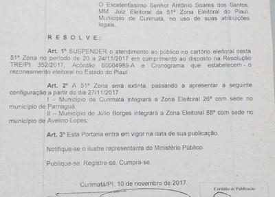 Portaria estabelece extinção da Zona Eleitoral de Curimatá