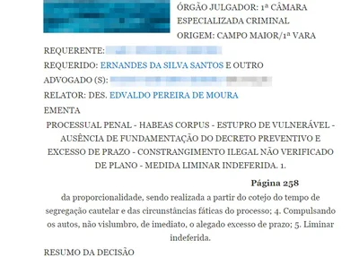 Denegação do habeas corpus de acusado de estupro em Campo Maior 