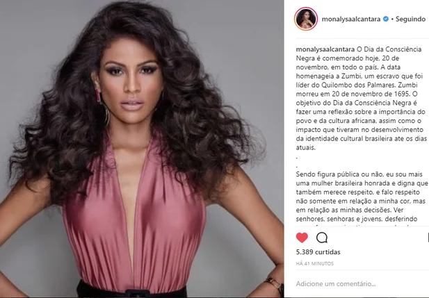 Miss Brasil se manifesta sobre o Dia nacional da Consciência Negra 