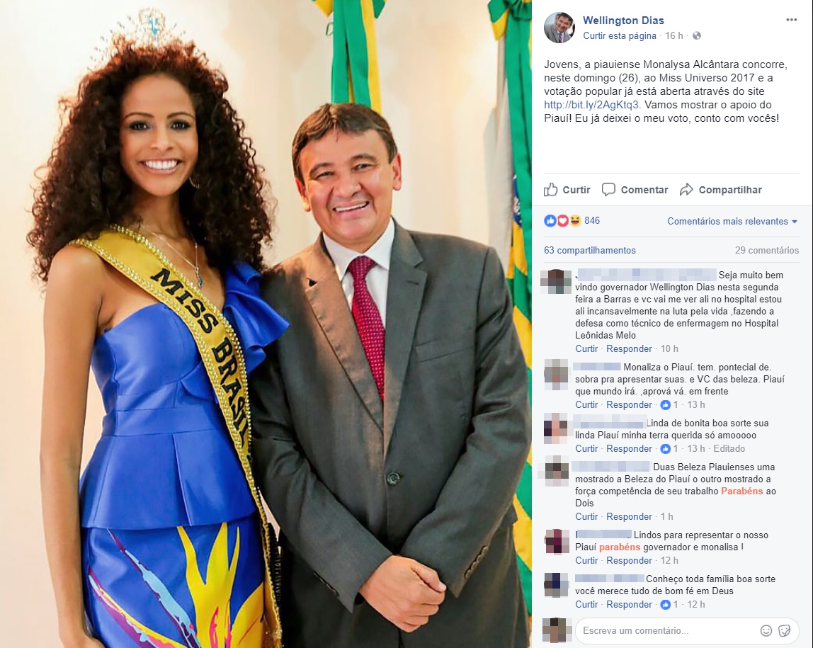 Wellington Dias convoca piauienses para votar na miss Monalysa Alcântara