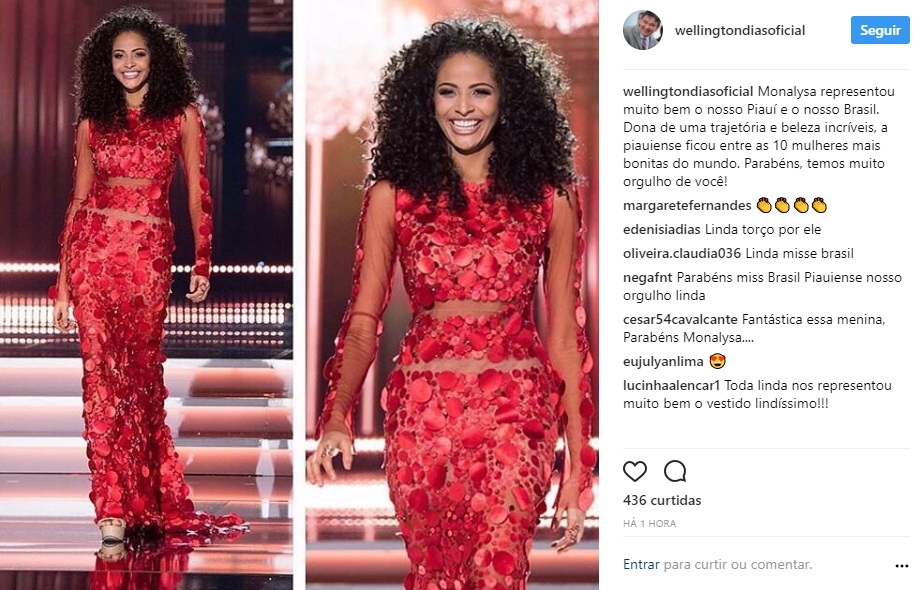 Wellington Dias parabeniza Monalysa Alcântara pelo TOP 10 no Miss Universo