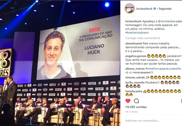 Apresentador Luciano Huck recebe prêmio de Brasileiro do Ano na categoria Comunicação