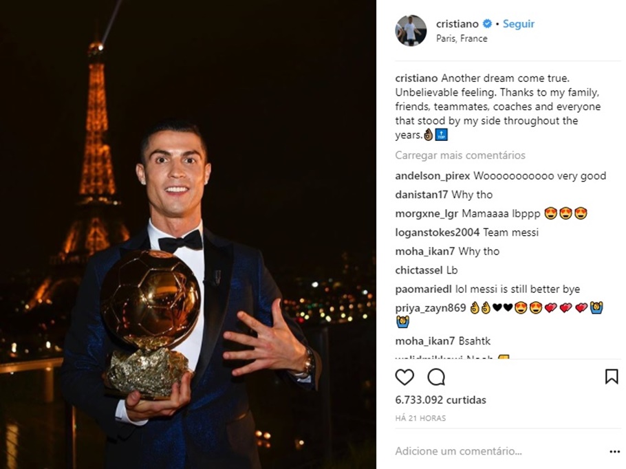 Cristiano Ronaldo posta emoji em publicação e ironiza Bola de Ouro