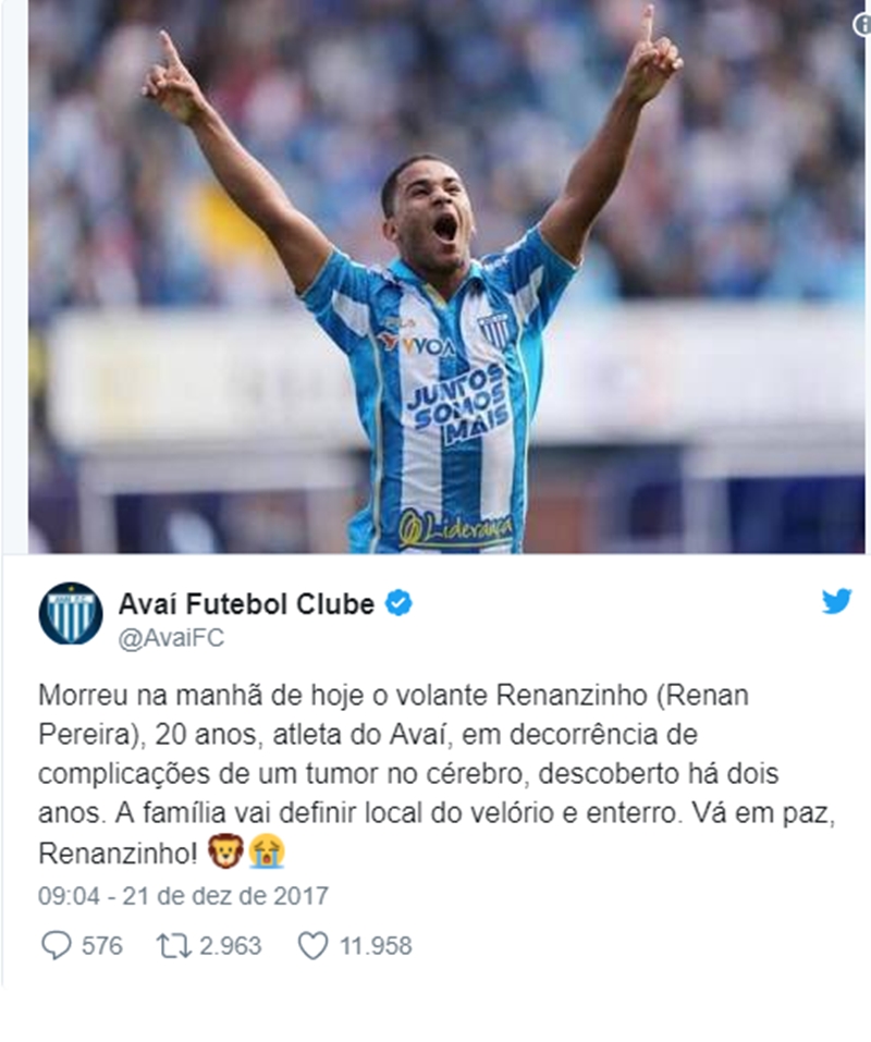 Renanzinho morre aos 20 anos vítima de tumor cerebral