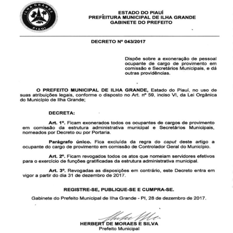 Decreto do prefeito Herbert Silva