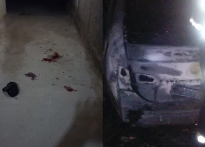 Marcas de sangue no chão e veículo incendiado