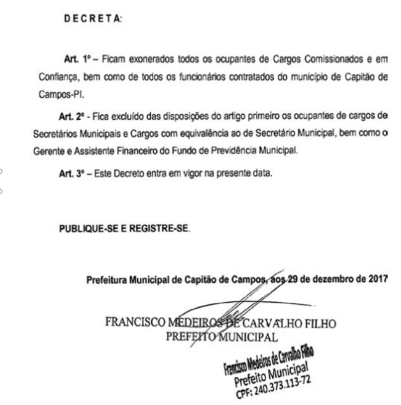 Prefeito Tim Medeiros exonera servidores comissionados