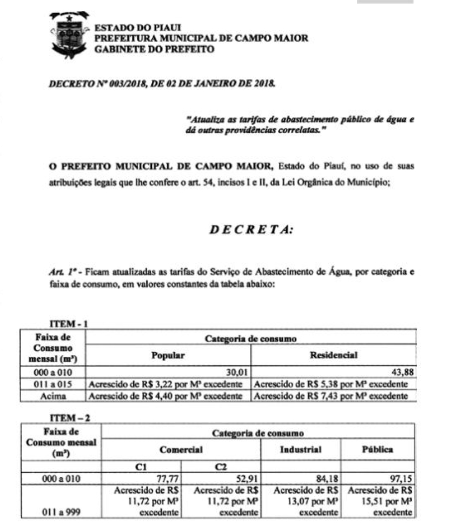 Decreto que atualiza tarifa do serviço de abastecimento de água de Campo Maior