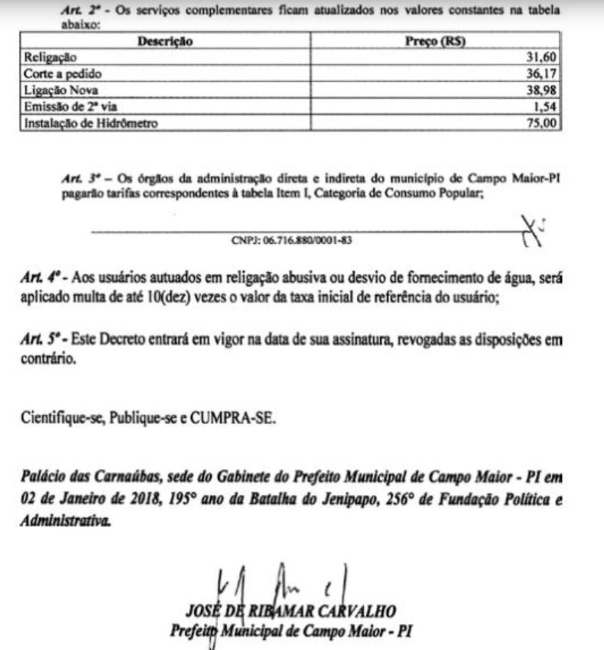 Decreto que atualiza tarifa do serviço de abastecimento de água de Campo Maior