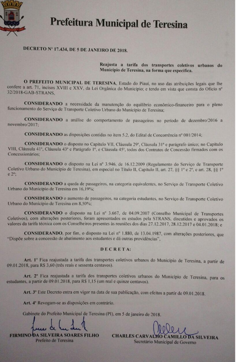 Decreto reajuste tarifa de ônibus Teresina