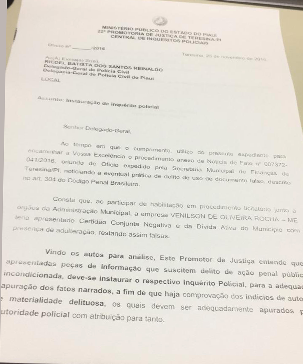 Ofício encaminhado pelo MP ao delegado Riedel Batista