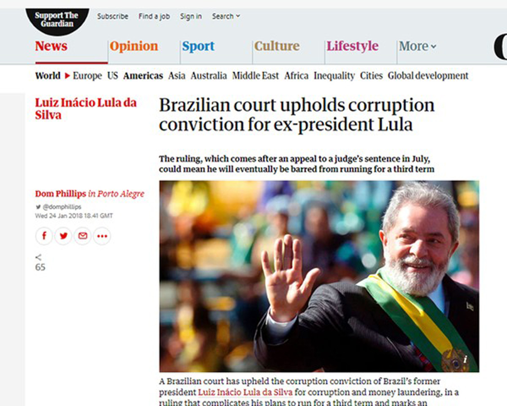 O jornal britânico de The Guardian afirmou que a decisão do TRF4 prejudica a intenção de Lula de concorrer à presidência