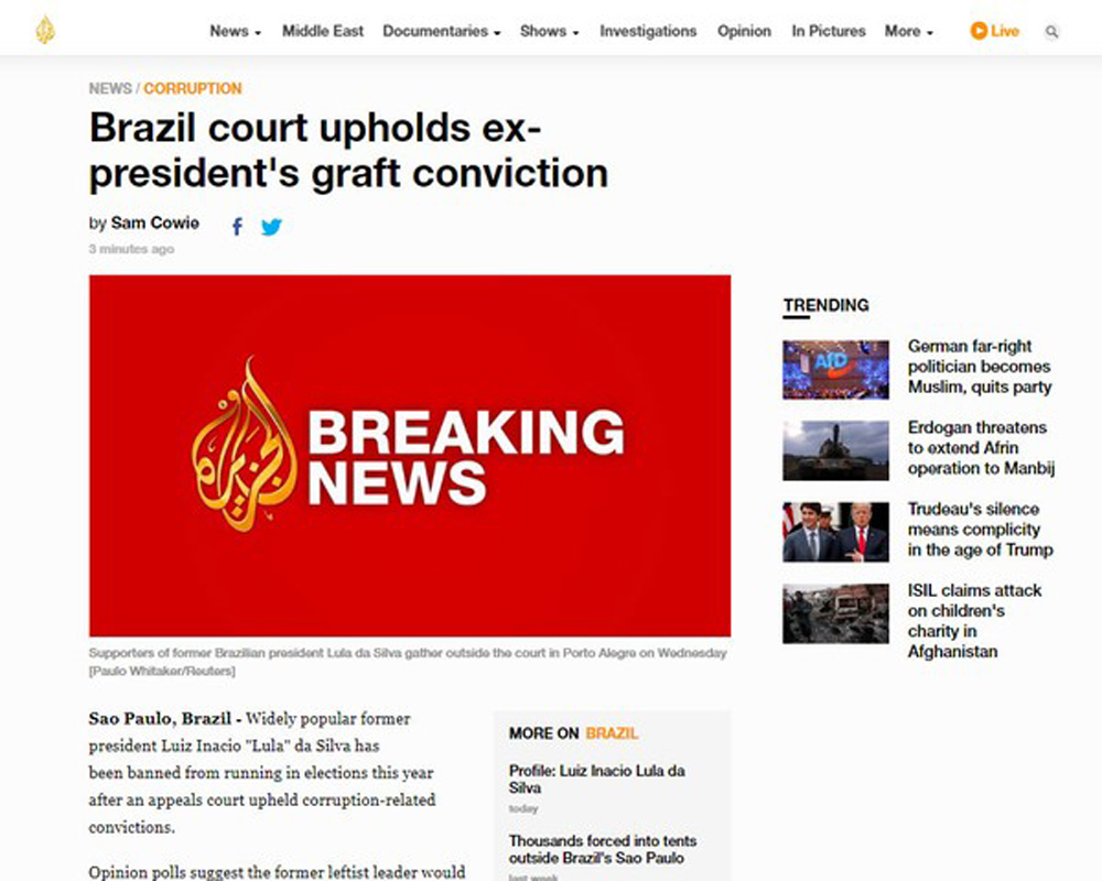 Rede Al Jazeera destacou as manifestações que foram realizadas em todo o país, a favor ou contra o ex-presidente.