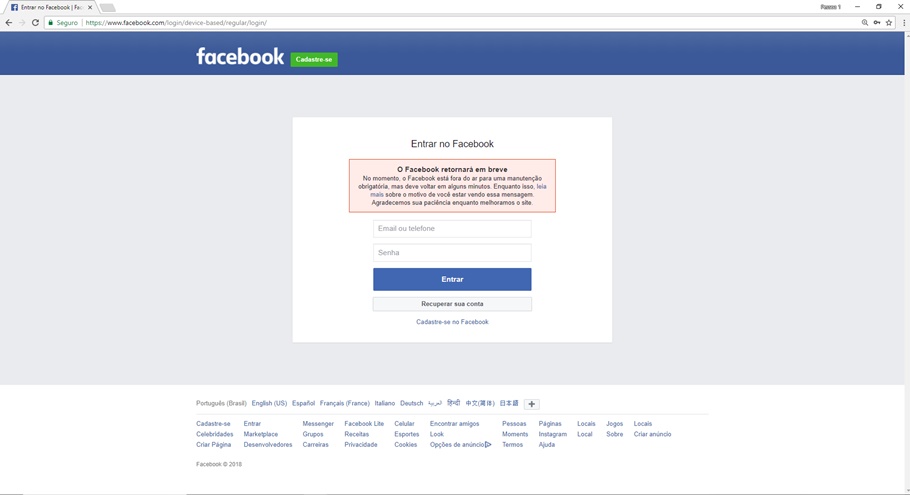 Erro apresentado pelo Facebook na tarde desta quinta-feira 