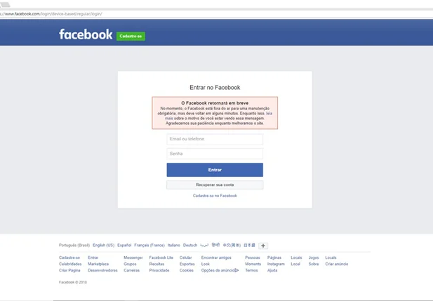 Erro apresentado pelo Facebook na tarde desta quinta-feira 