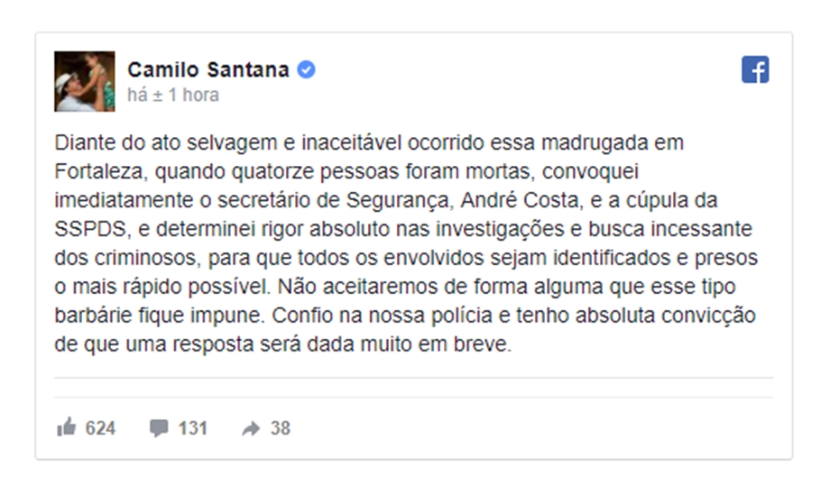 Publicação no Facebook de Camilo Santana, governador do Ceará 