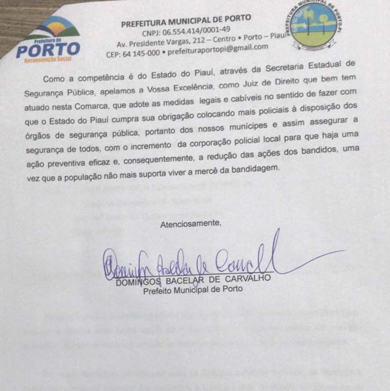Ofício enviado ao juiz Ulysses Gonçalves da Silva Neto