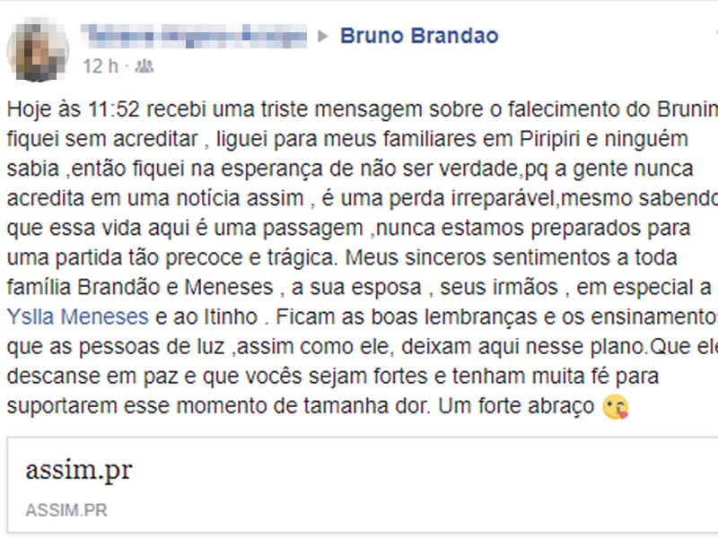 Amiga lamenta a morte do médico Bruno Brandão em postagem no Facebook