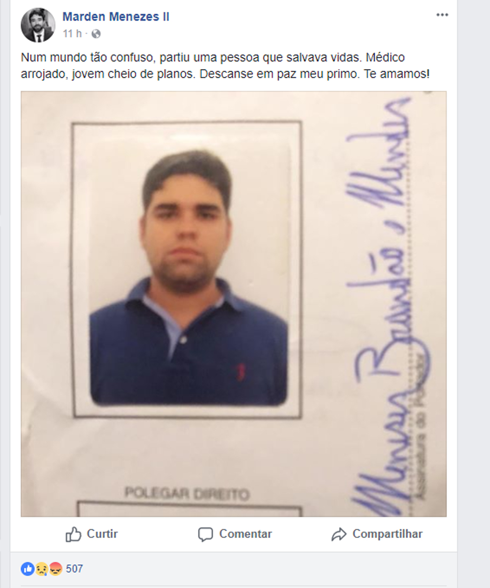 Marden Menezes era primo de Bruno Brandão e ele lamentou a morte