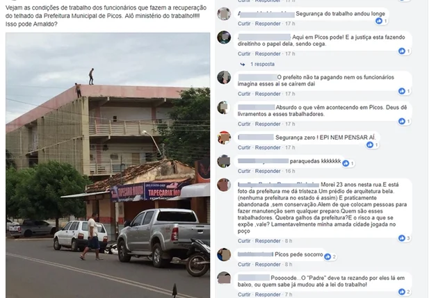 Homens são flagrados trabalhando em teto de prefeitura sem equipamentos de segurança