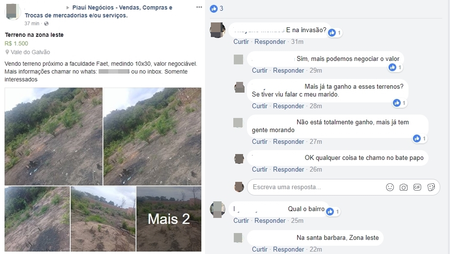 Terreno de invasão é oferecido a R$ 1.500 no Facebook