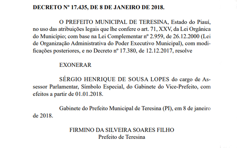 Decreto de exoneração de Sérgio Bandeira