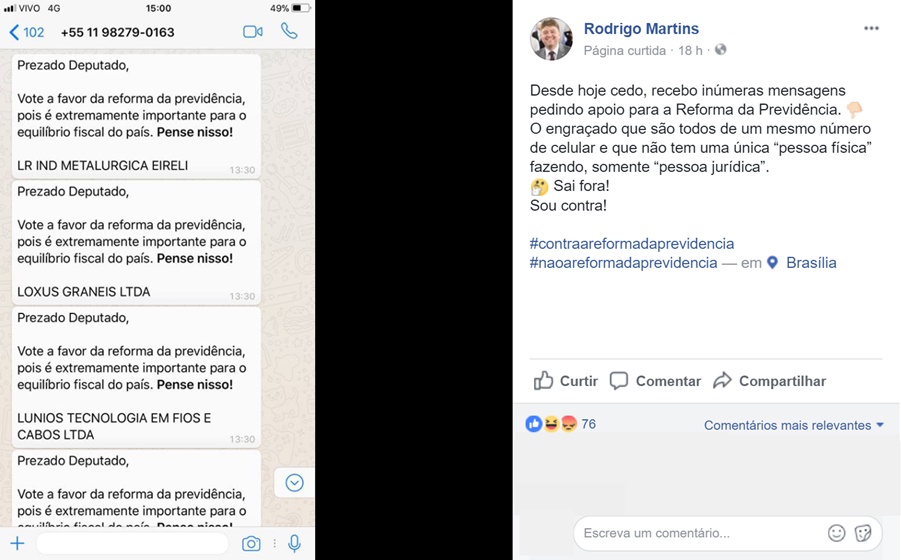 Publicação de Rodrigo Martins no Facebook