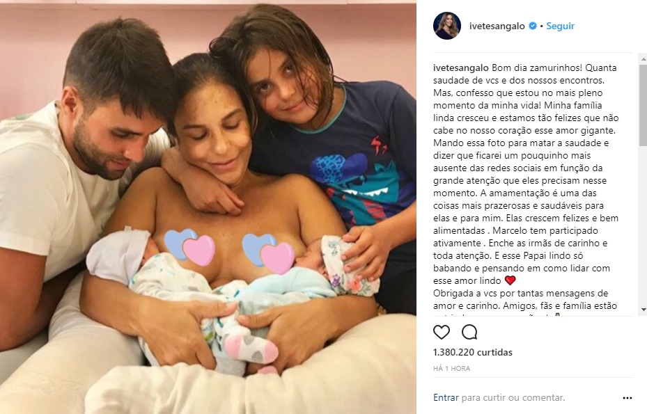 Ivete Sangalo publica foto amamentando as filhas gêmeas