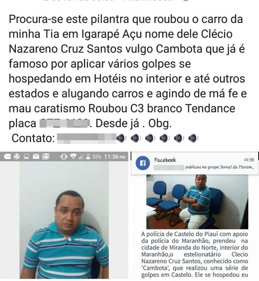 Postagens no Facebook denunciando crimes de Clécio Nazareno