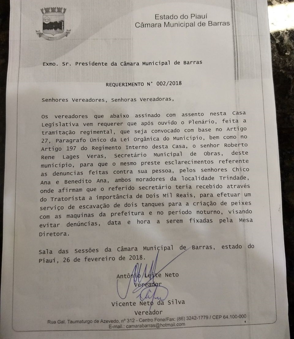O vereador Antônio Leite apresentou requerimento solicitando o comparecimento do secretário para prestar esclarecimentos 